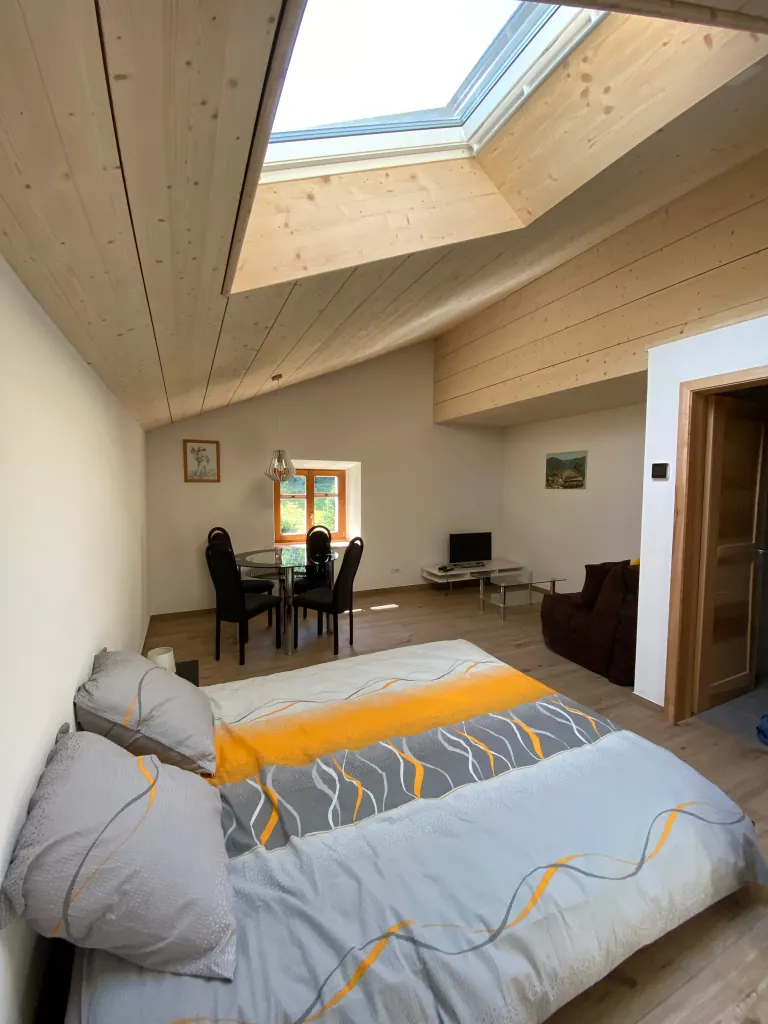 La chambre vue depuis le lit, avec coin repas au fond